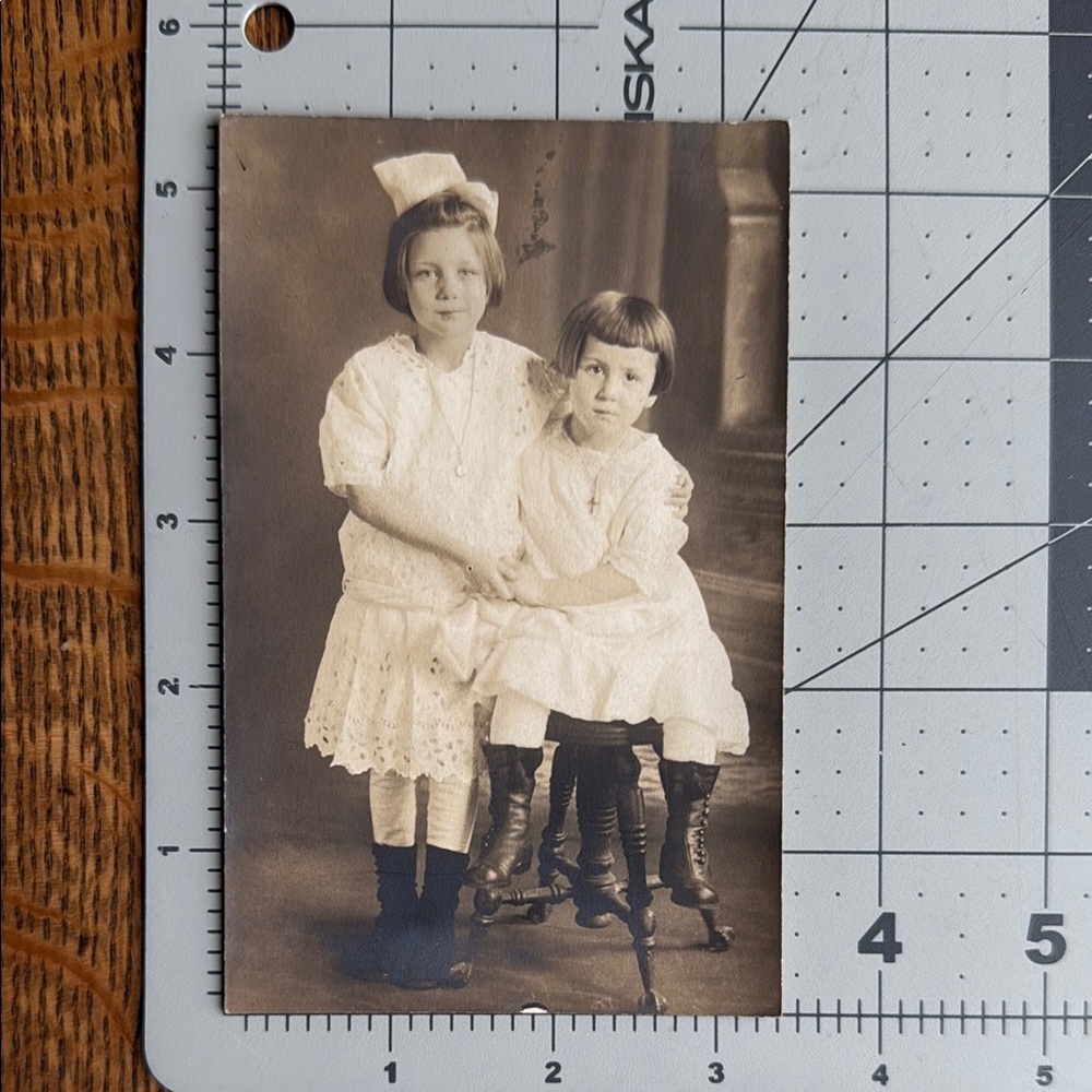 Antique Real Photo Postcard (RPPC) – Two Young Girls in Lace Dresses, c. 1910s